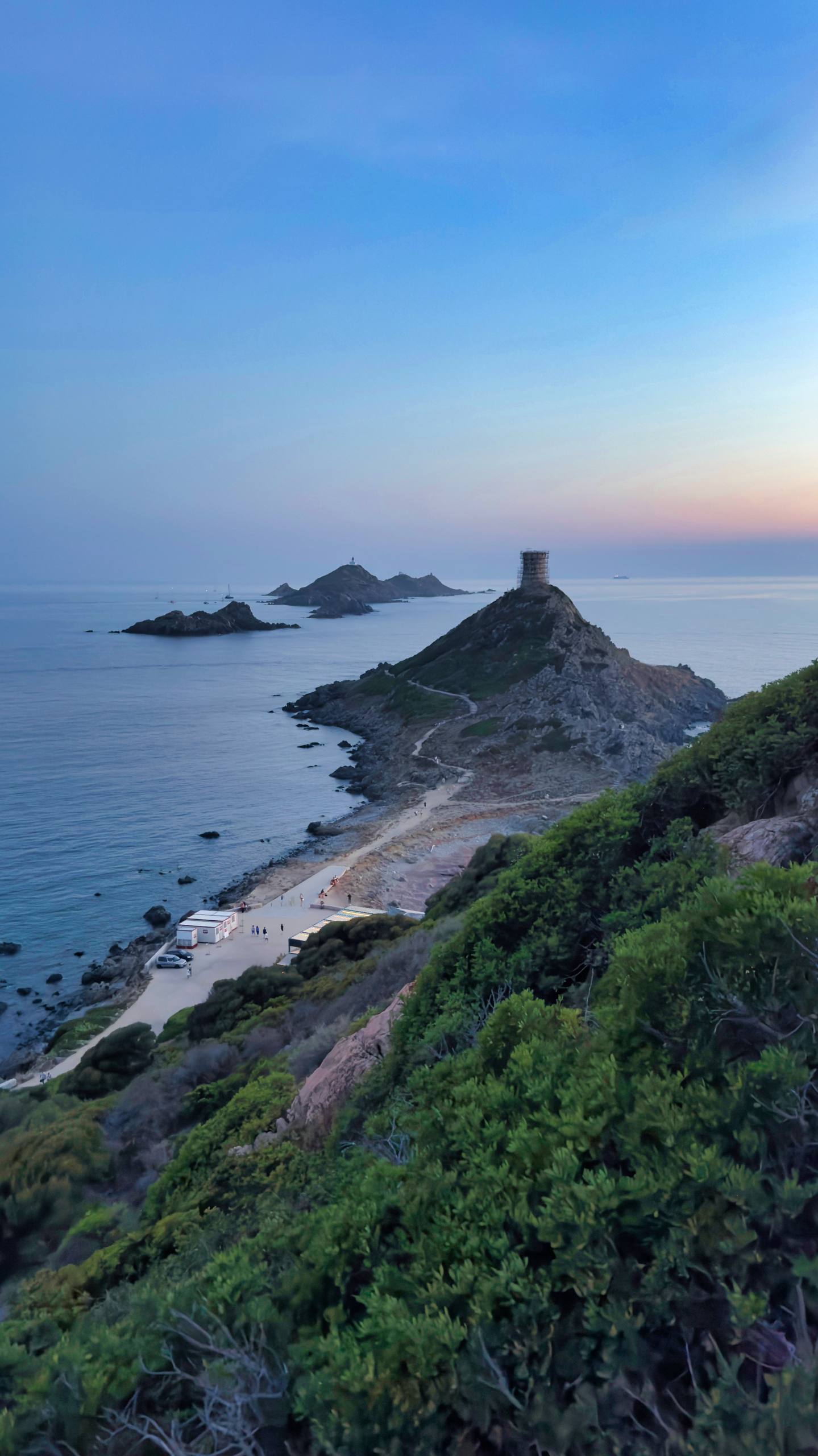 Pointe de la Parata at twilight, with the Genoese tower silhouetted on the headland