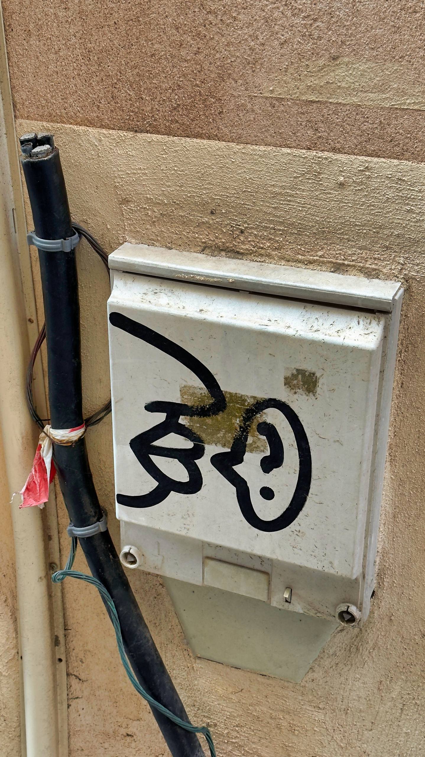 Black graffiti of a stylised face on a utility box in Bonifacio