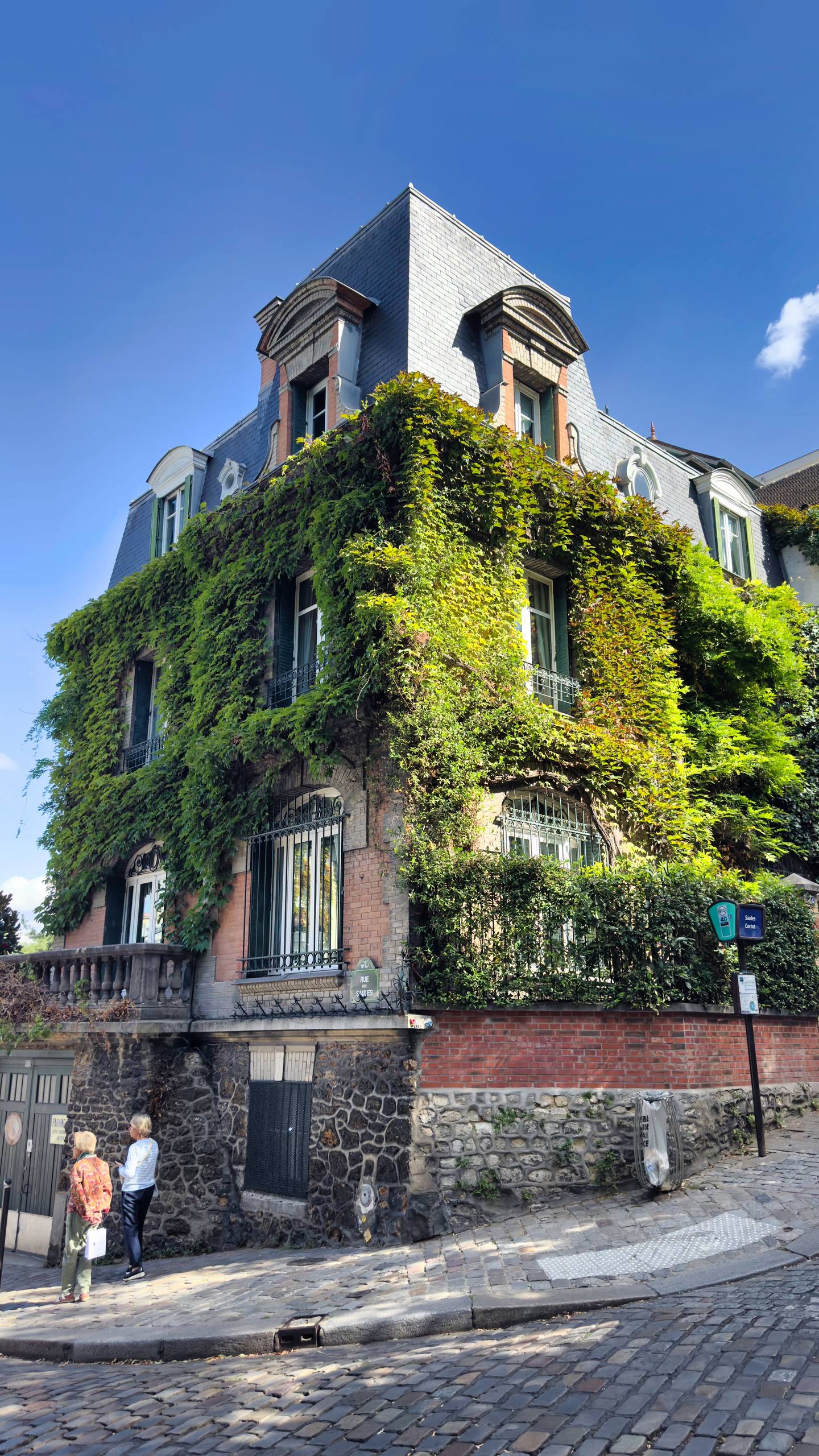 A three-storey Montmartre house on a cobbled corner, its stone and brick facade almost entirely swallowed by climbing ivy and wisteria